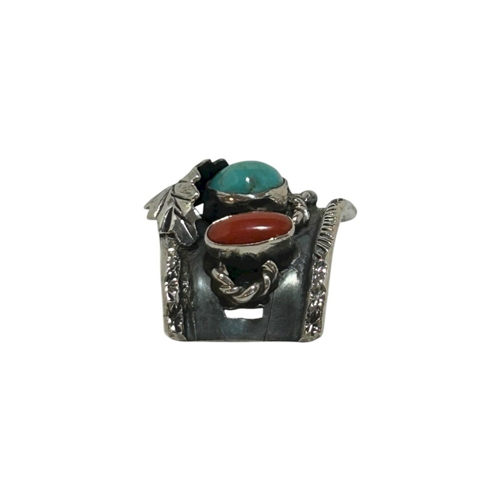 VINTAGE Native American Indian Sterling Silver piece Turquoise Coral Leaf - Picture 6 of 12